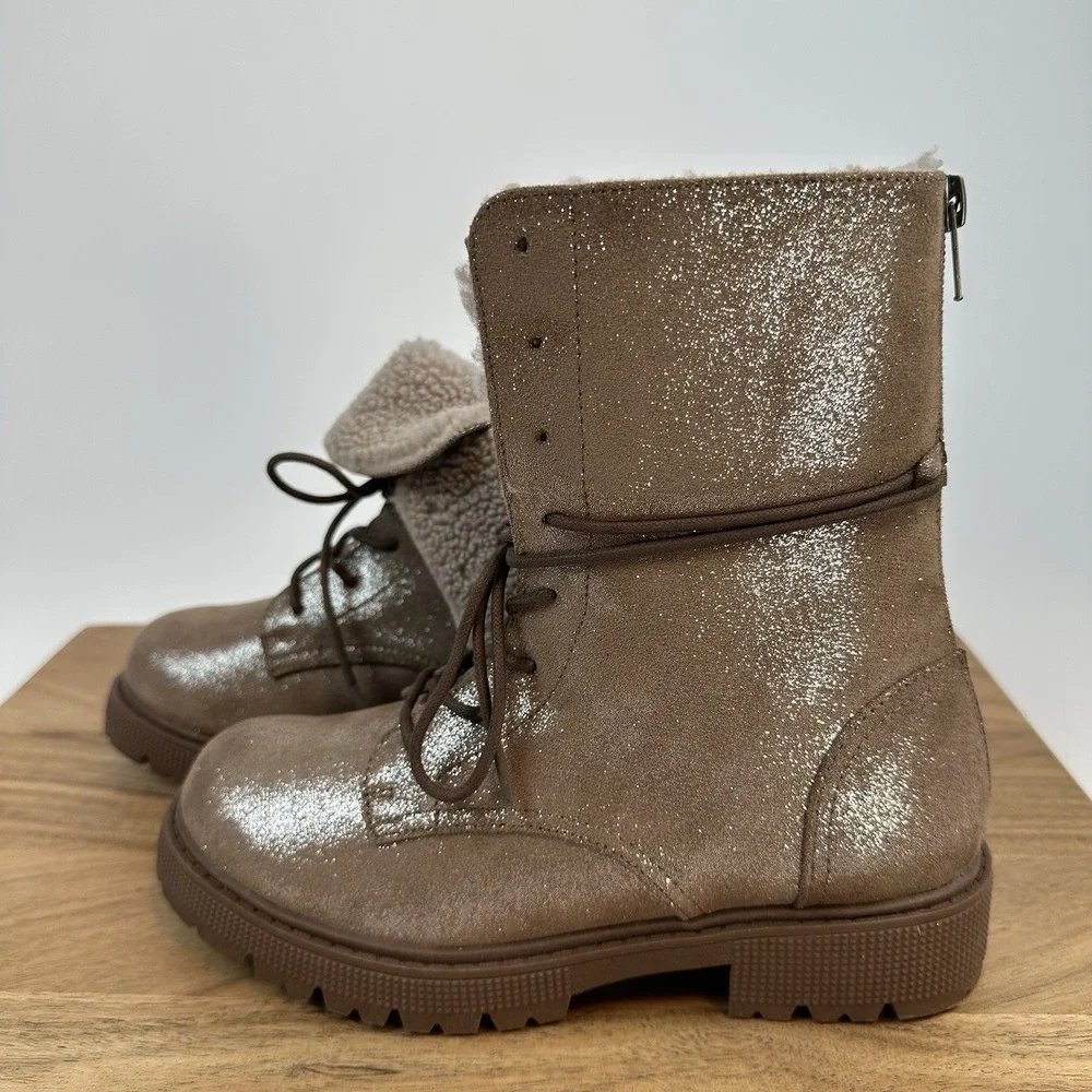 New Big Kids Steve Madden‎ Taupe GUNNER Ankle Combat Winter boot Fur Size 3